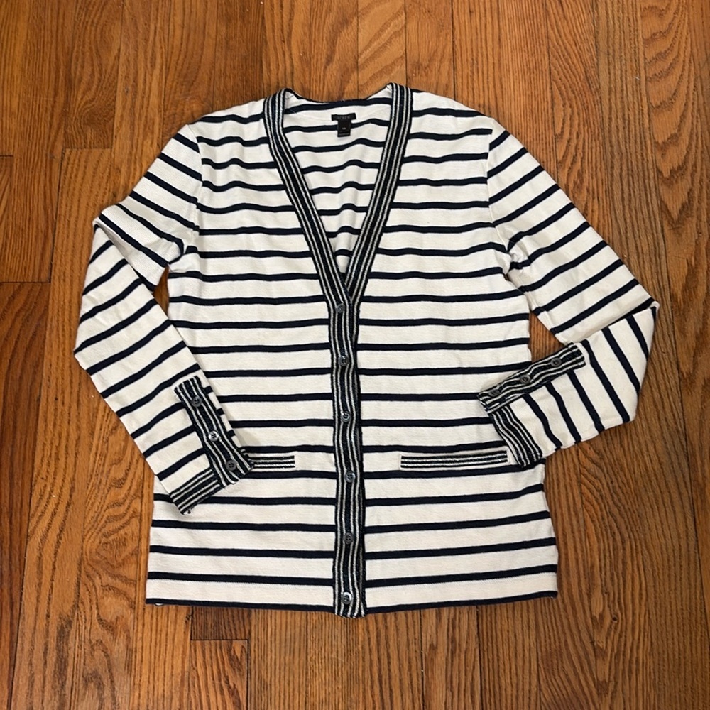 J Crew Metallic-trim V-Neck striped cardigan sweater Navy‎ Ivory XS preppy